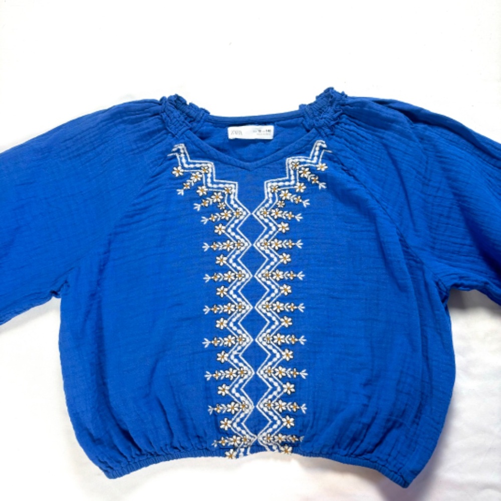 Zara Kids Embroidered Long Sleeve Boho Blue Blouse with Balloon Sleeves Size 10 - Picture 2 of 6
